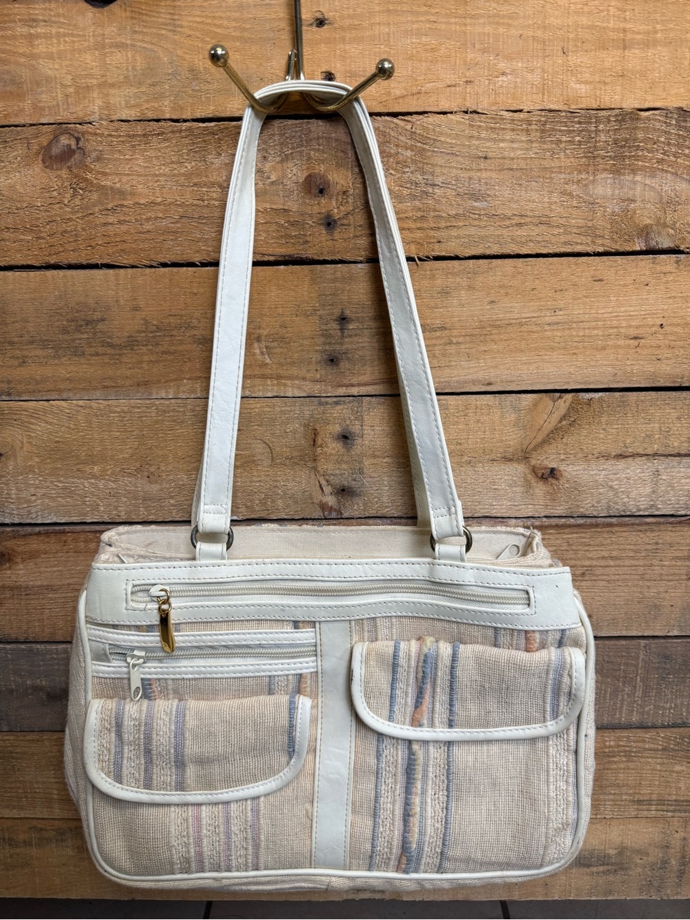 Vintage Style Cream Woven Striped Multi-Pocket Shoulder Bag Purse